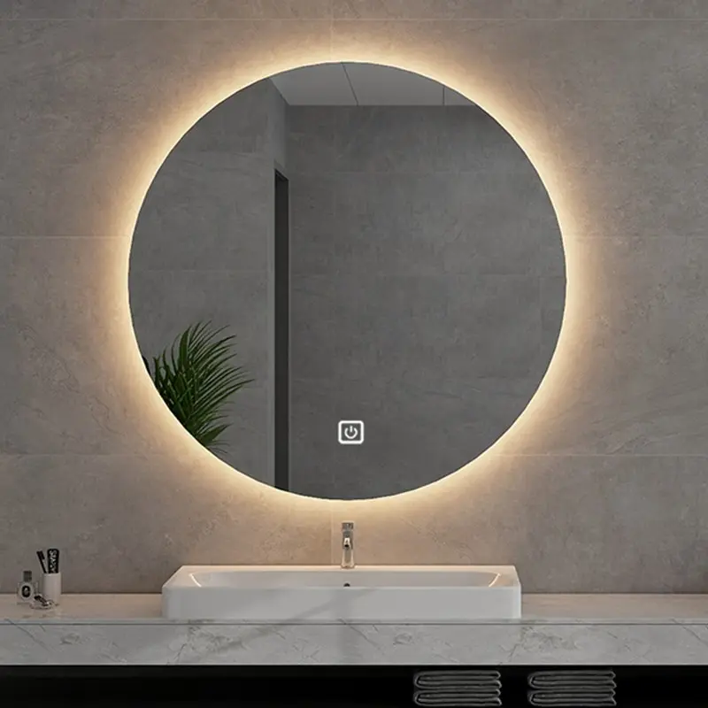 Modern LED Lighted Round Bathroom Mirror with Touch Control Vanity Mirror With Cabinet Bathroom